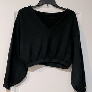 Urban Outfitters Out From Under Vivian V-Neck Cropped Sweatshirt in Black